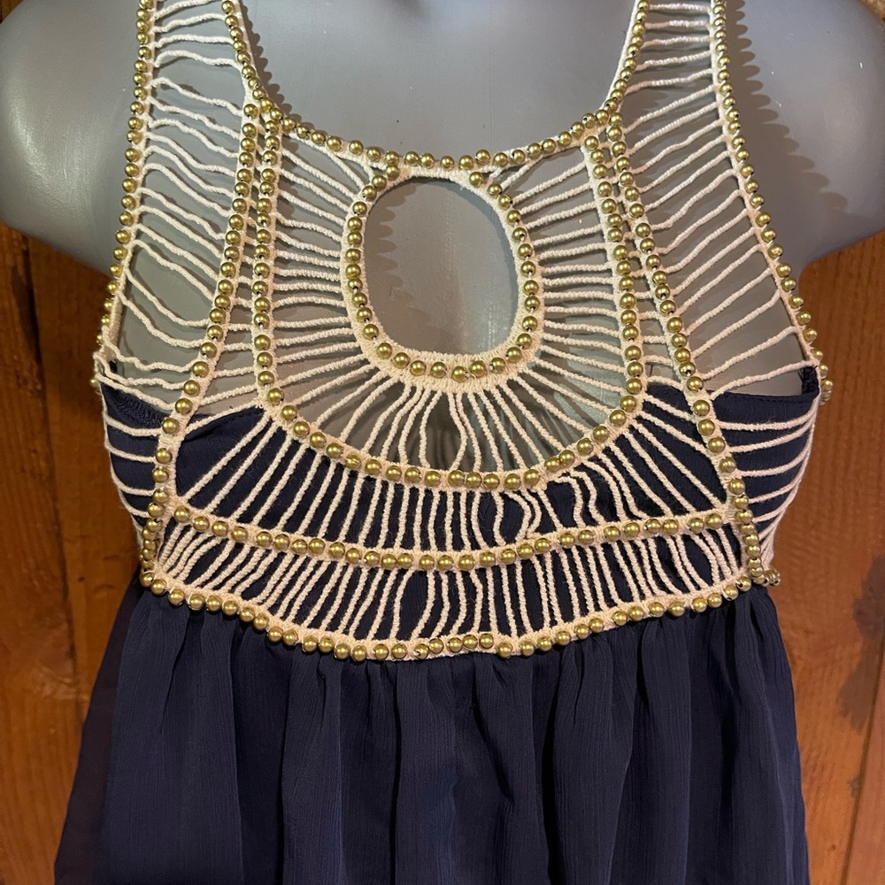 New BOSTON PROPER tunic tank top navy crochet and beads top notch bohemian SM MD - Picture 2 of 4